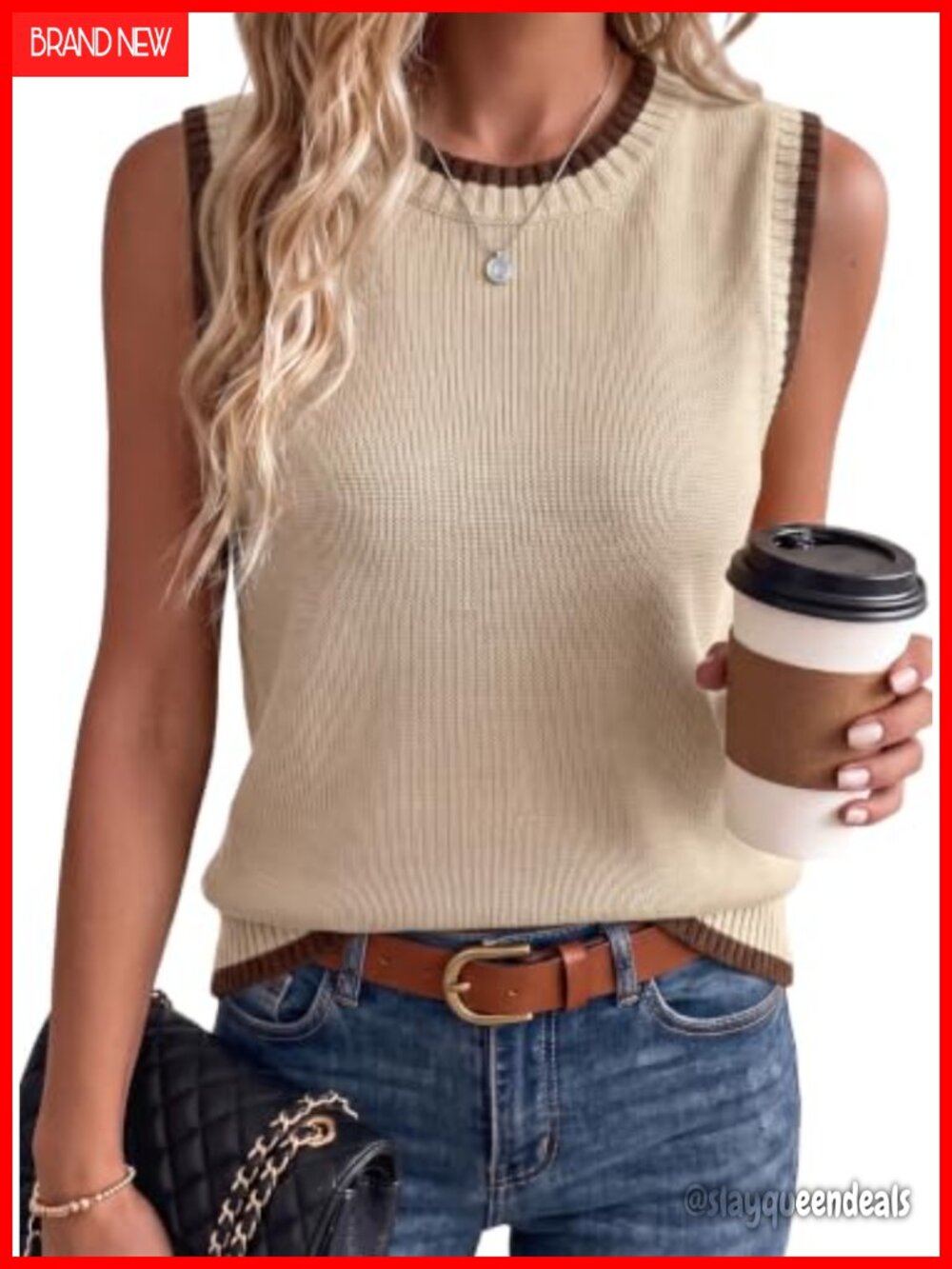 Women's 100% Cotton Knit Sweater Vest Sleeveless Crew Neck Relaxed Fit